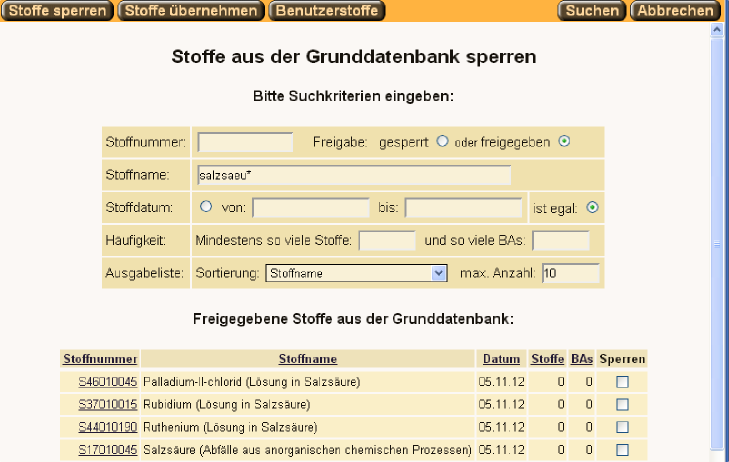 Suche der zu sperrender Stoffe