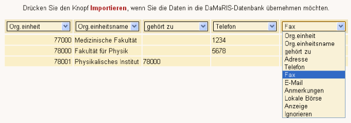 Zuordnung der Spalten