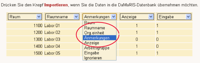 Import und Zuordnung der Spaltennamen