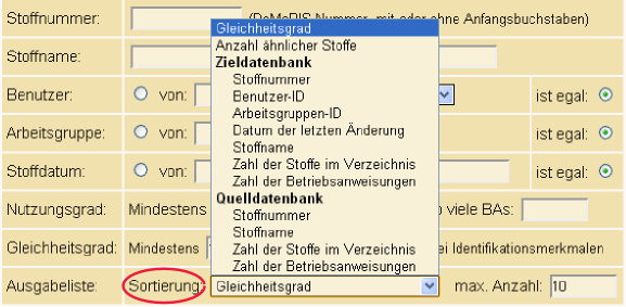 Modul Stoffe abgleichen Sortierung