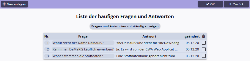 FAQ Liste verwalten