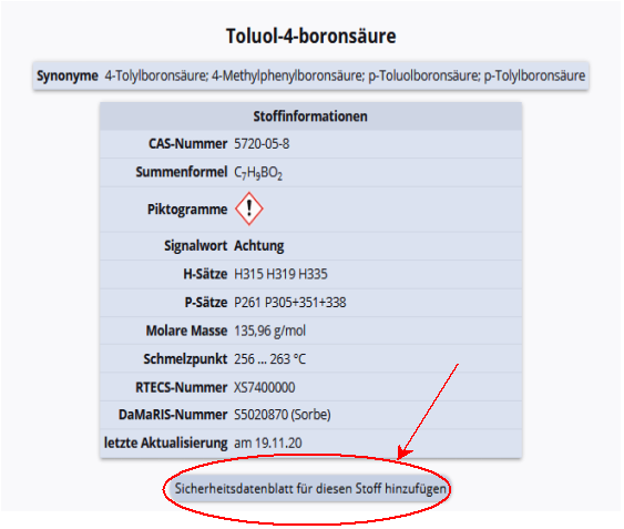 SDB über Stoffinfo hinzufügen