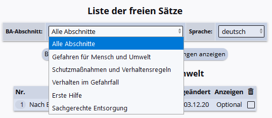 Abschnitte der Liste der freien Sätze