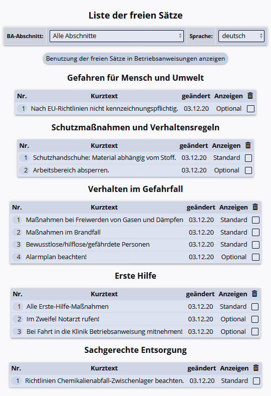 Liste der freien Sätze