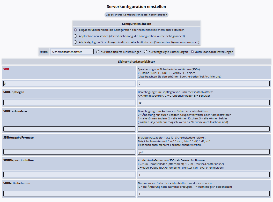 Servereinstellungen SDBs