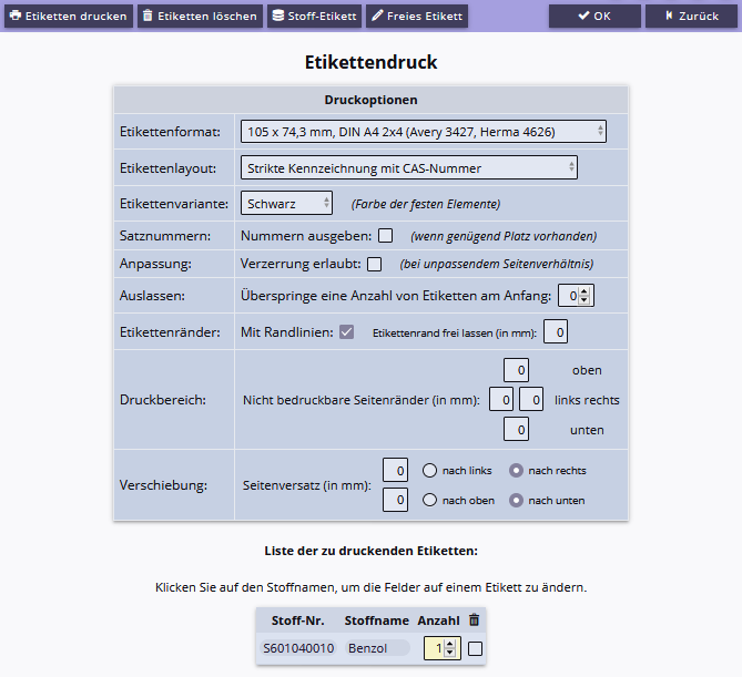 Druckoptionen und Etikettenliste