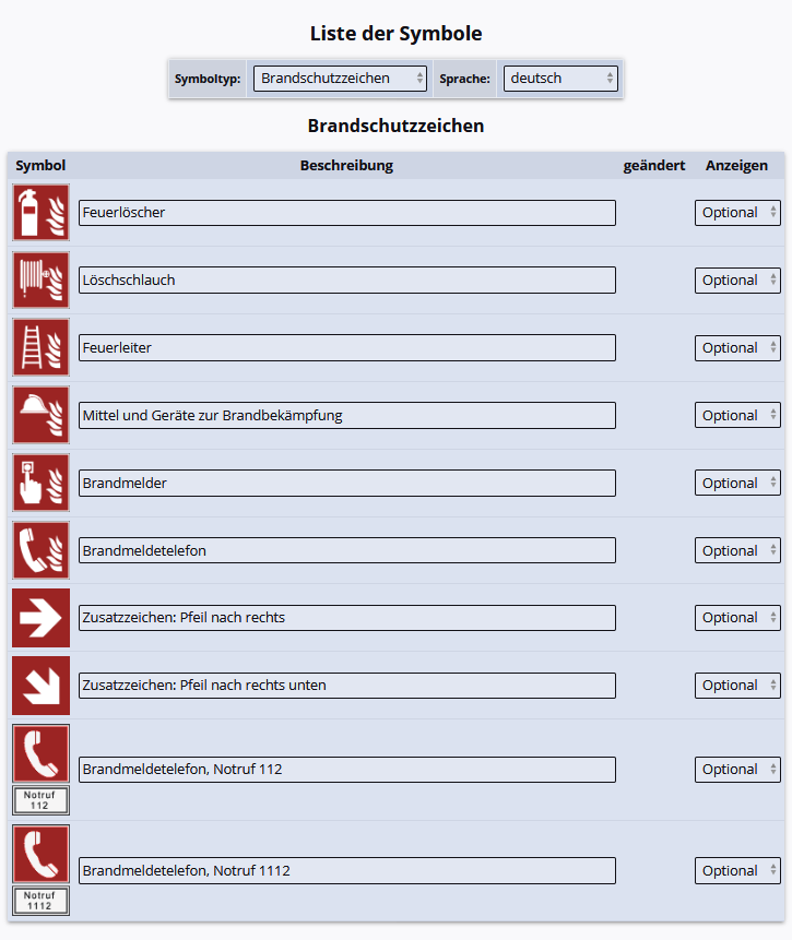 Liste der verfügbaren Symbole