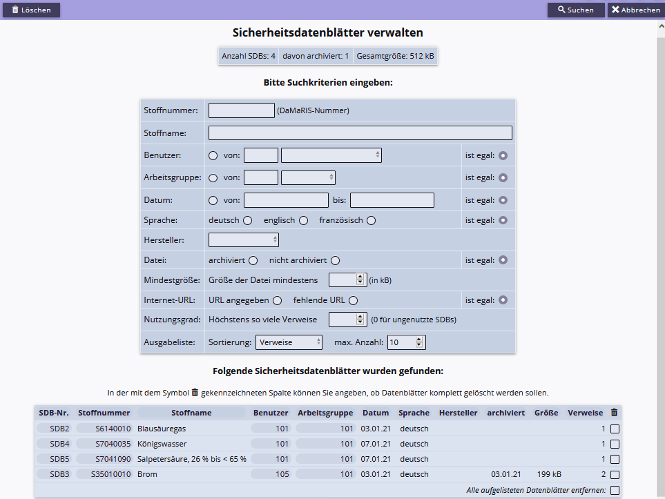 Verwalten der SDBsnach einer Suche