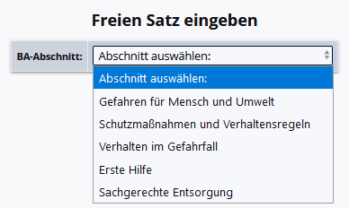 Auswahl des Abschnitts für freie Sätze
