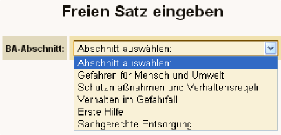 Auswahl des Abschnitts für freie Sätze